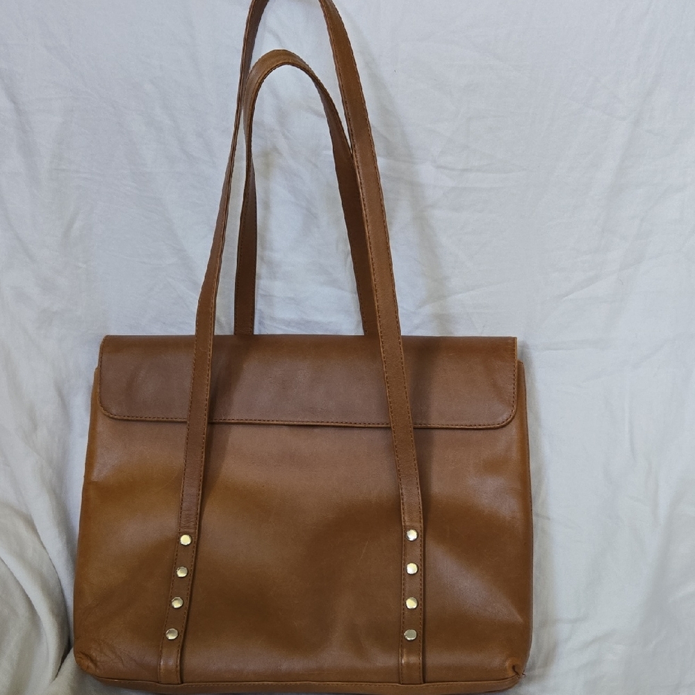 Miss Rossi Leather Shoulder Bag Brief Case Camel w/ Studded Handles Flap Close